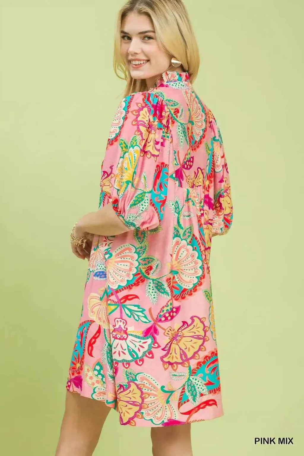 Women's Umgee Paisley Print V-Neck Mini Dress Pockets Pink Mix S-L