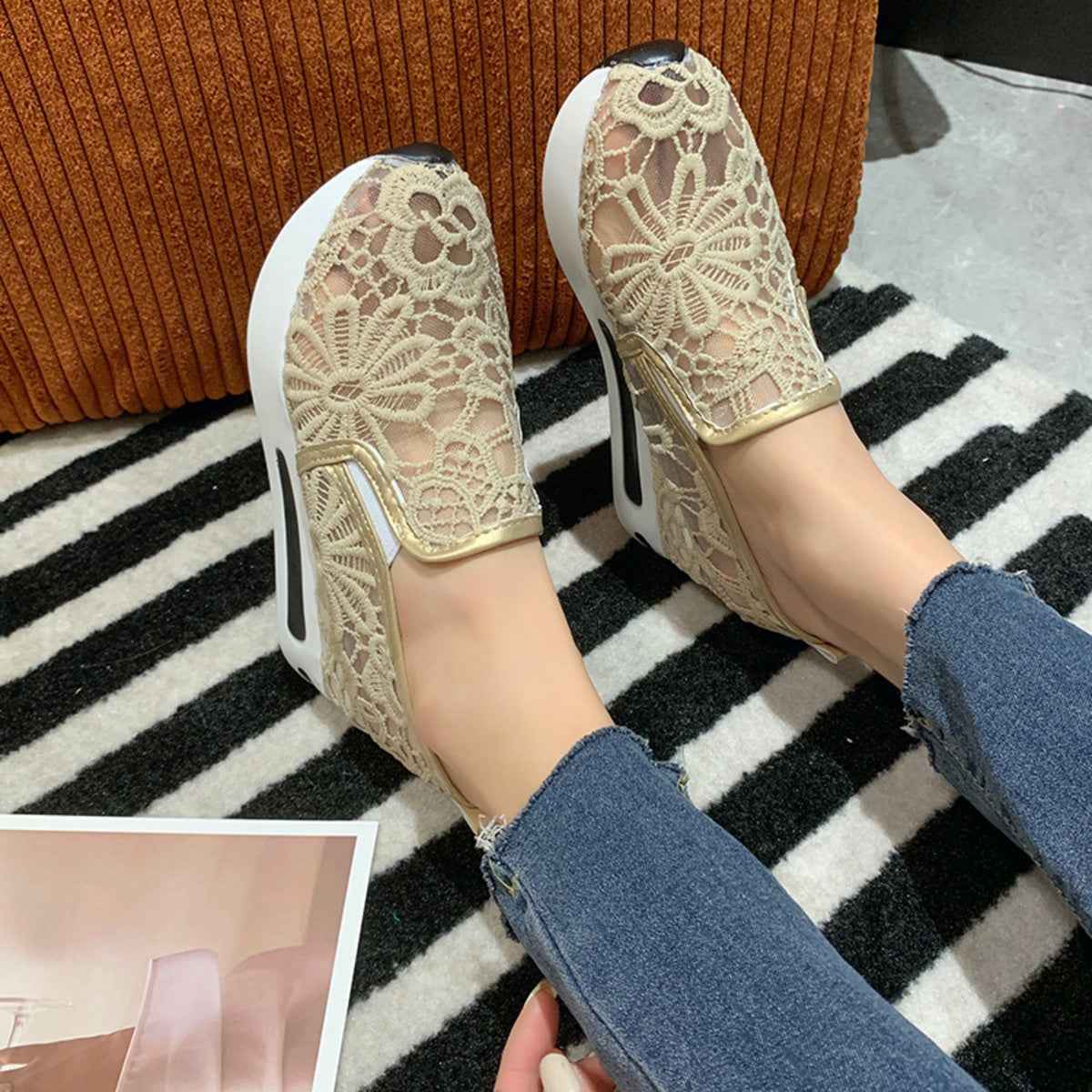 Women's Lace Breathable Mesh Platform Slip-On Shoes Multi Colors US 5-11