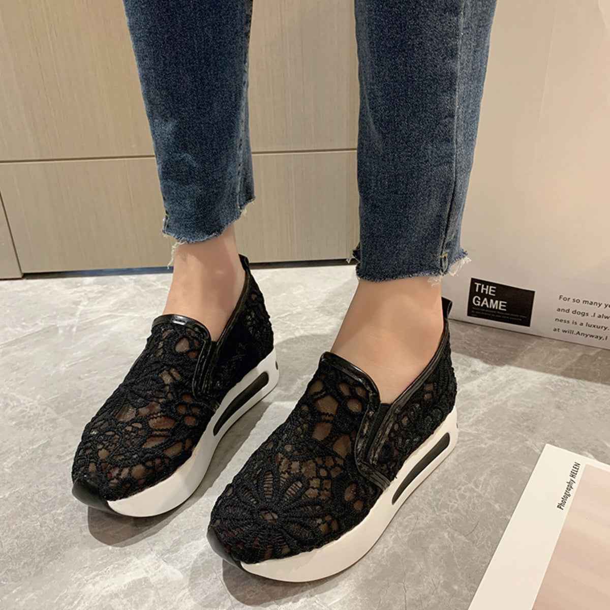 Women's Lace Breathable Mesh Platform Slip-On Shoes Multi Colors US 5-11