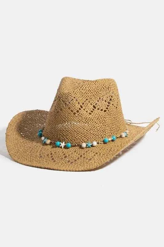 Fame Women's Turquoise Shell Star Beads Strap Western Straw Hat Boho Beach Brown One Size Brown One Size