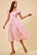 Women's Polka Dot Cotton Midi Dress Short Sleeve Pockets Smocked Pink S-XL PINK