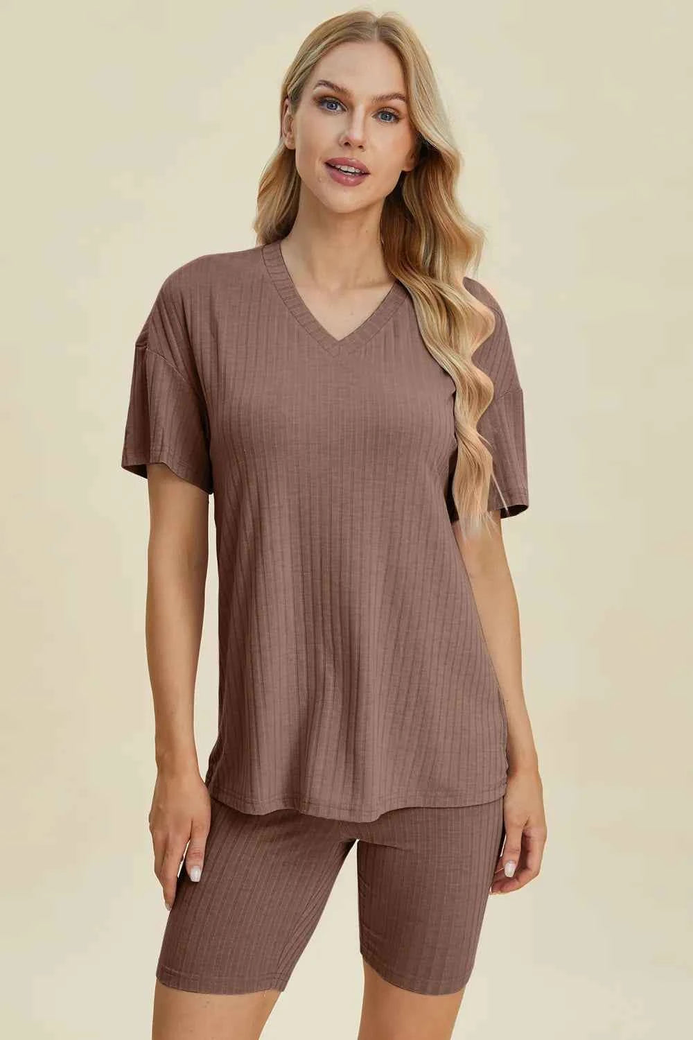 Women's Basic Bae Ribbed V-Neck Top and Shorts Set Two-Piece Multi Colors S-3XL Taupe