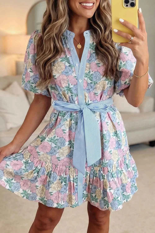 Floral Print Striped Contrast Trim Belted Short Dress Floral