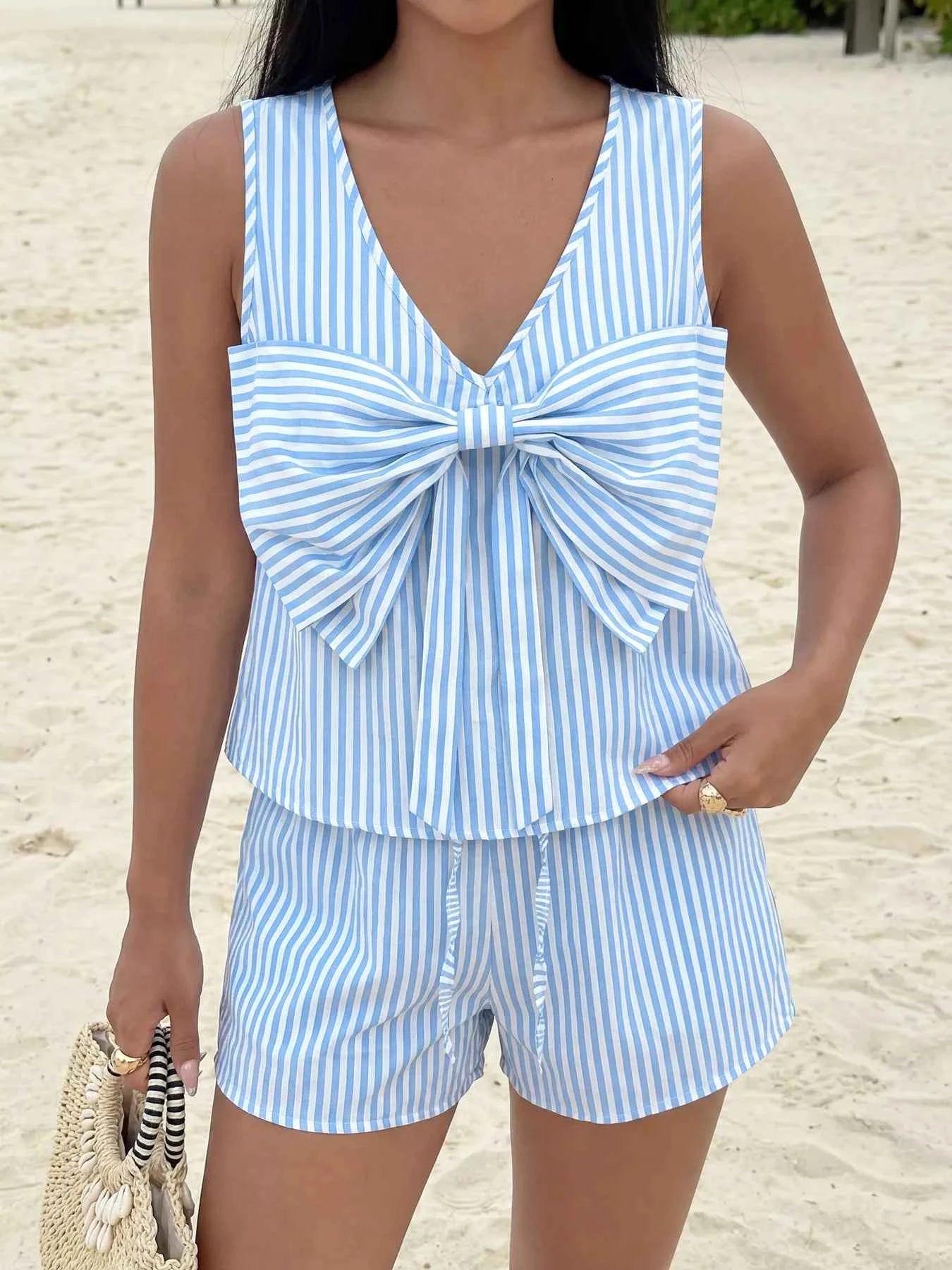 Striped Bowknot Sleeveless Top & Shorts Set