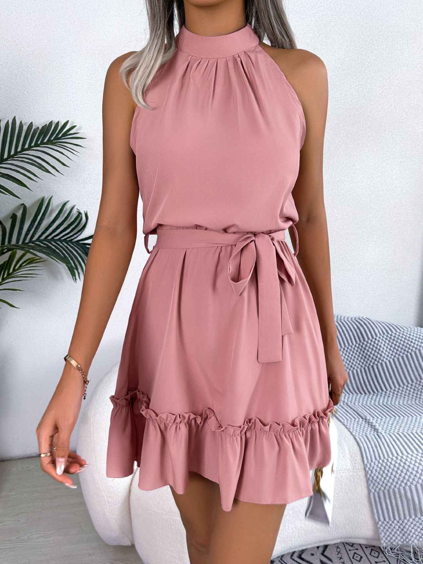 Halter Neck Ruffle Hem A-Line Dress Pink
