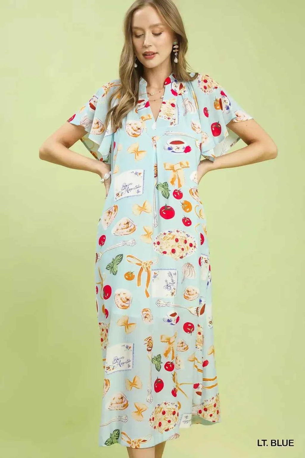 Women's Umgee Abstract Print Flutter Sleeve Midi Dress Light Blue S-L LT. BLUE
