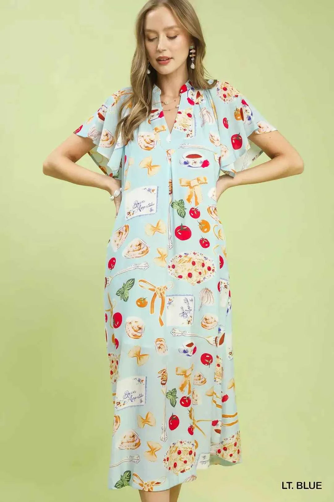 Women's Umgee Abstract Print Flutter Sleeve Midi Dress Light Blue S-L LT. BLUE