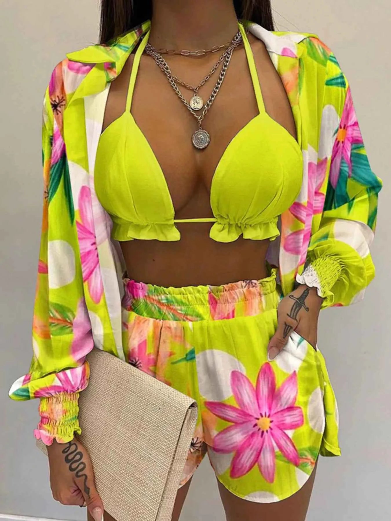 Women's Plus Size Halter Cami Shirt & Shorts 3-Piece Set Smocked Frill S-3XL Chartreuse