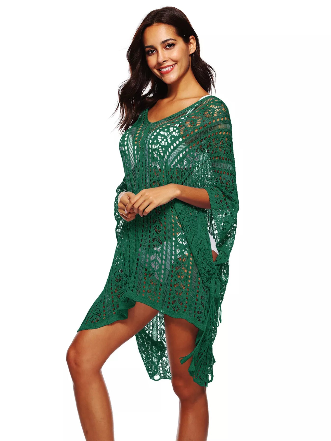 Women's Crochet Knit V-Neck Slit Cutout Beach Cover-Up Multi Colors One Size Dark Green One Size