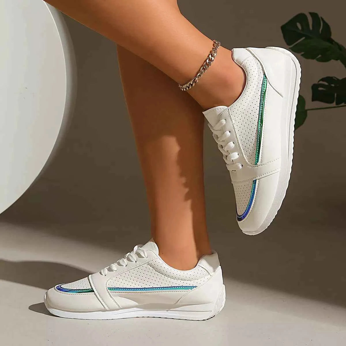 Women's Round Toe Lace-Up Casual Sneakers Boho Coastal Gold Green US 5-11