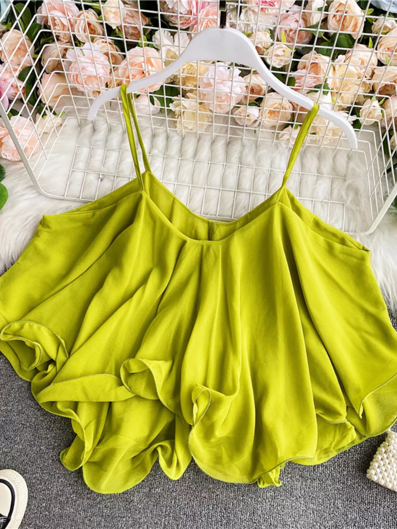 Ruffled Flowy Cami Light Green One Size