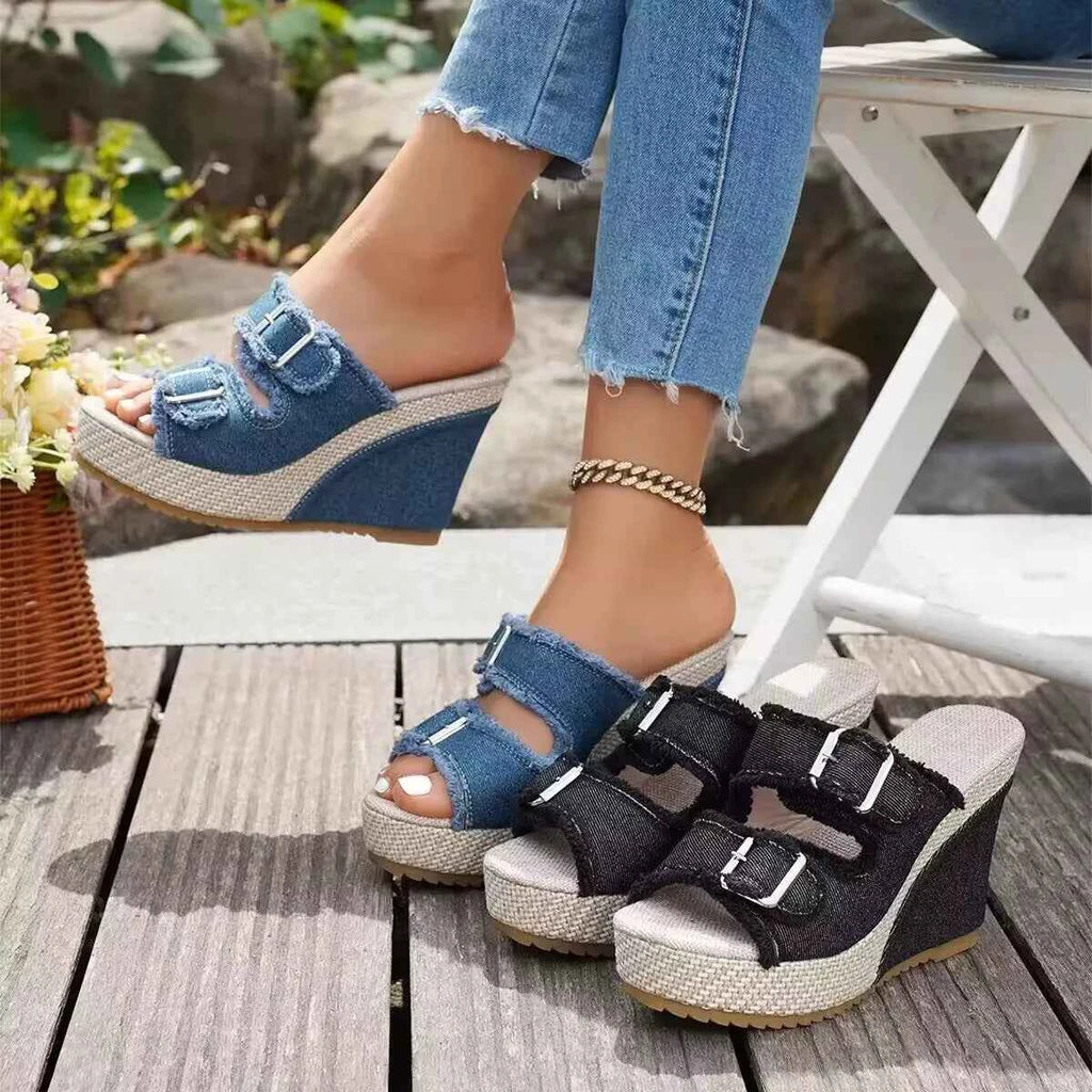 Women's Buckle Strap Open Toe Wedge High Heel Sandals Dark Blue Black EU 35-43