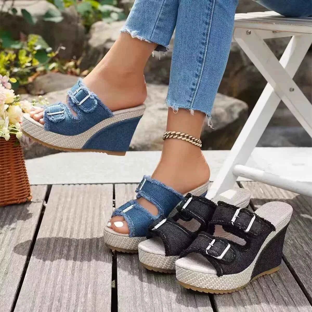 Women's Buckle Strap Open Toe Wedge High Heel Sandals Dark Blue Black EU 35-43