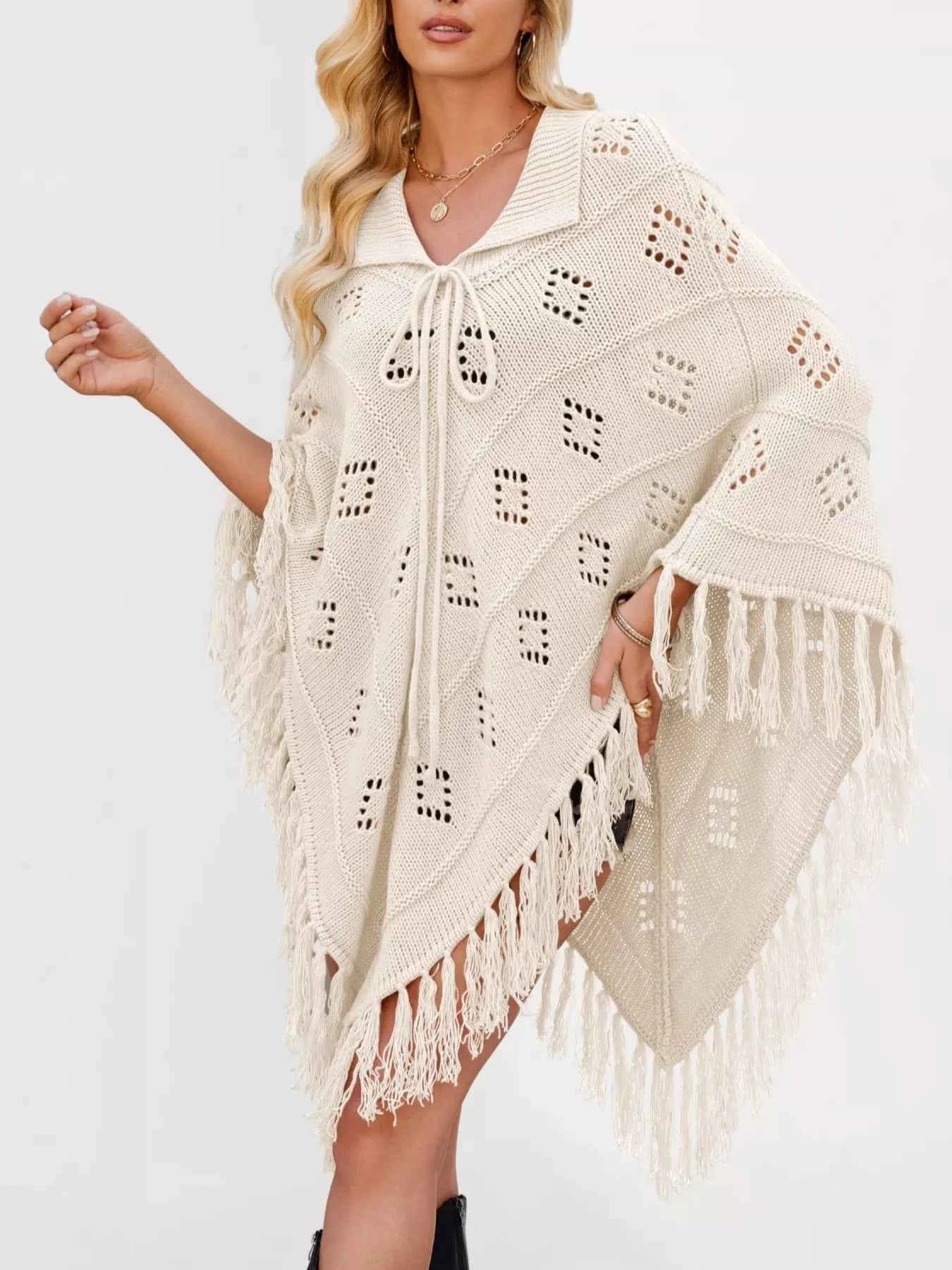 Women's Fringe Tassel Tie Openwork Knit Boho Beach Cover Up Multi Colors S-XL