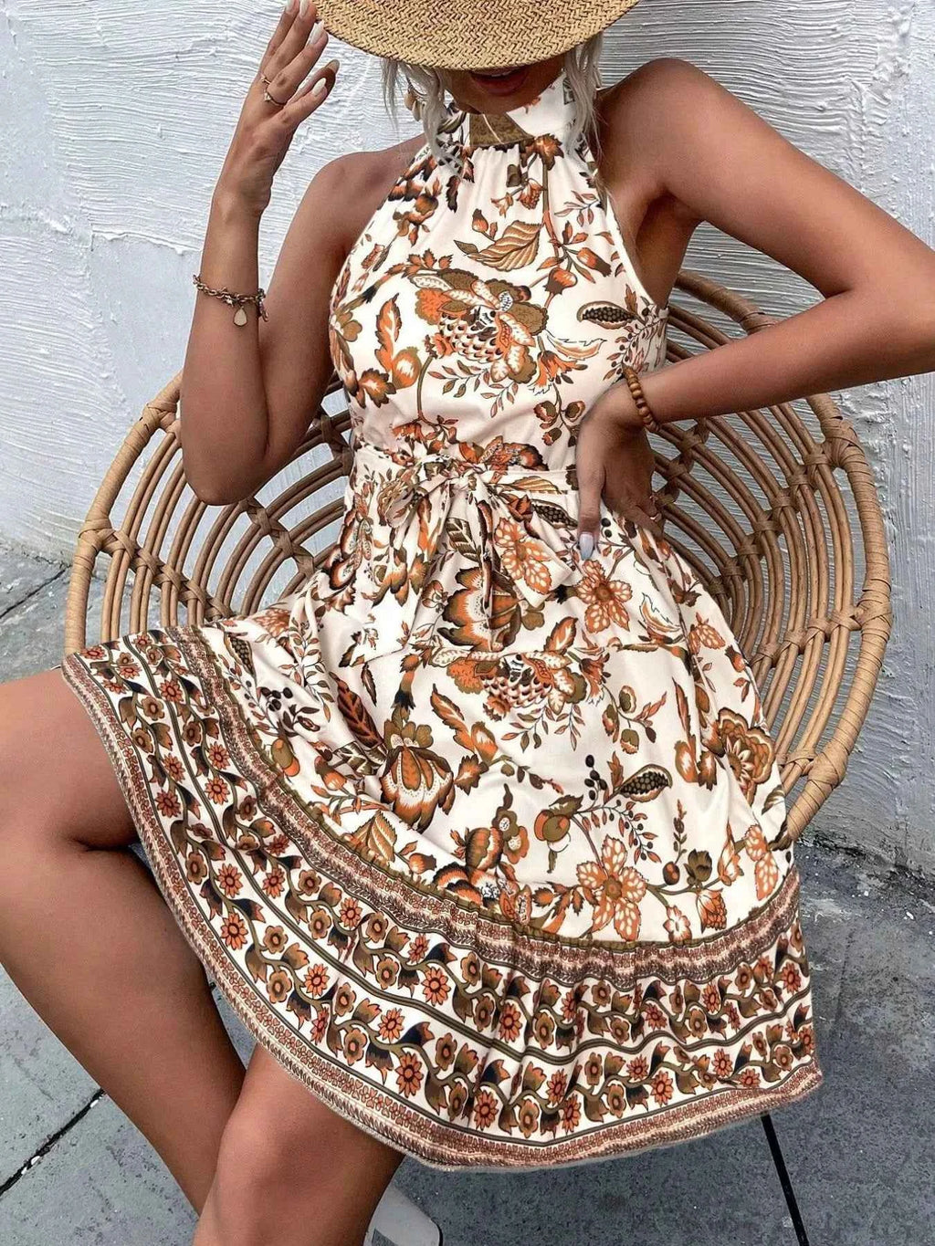 Women's Floral Halter Neck Midi Dress Belt Tie Boho Beach Resort Multi Colors S-XXL
