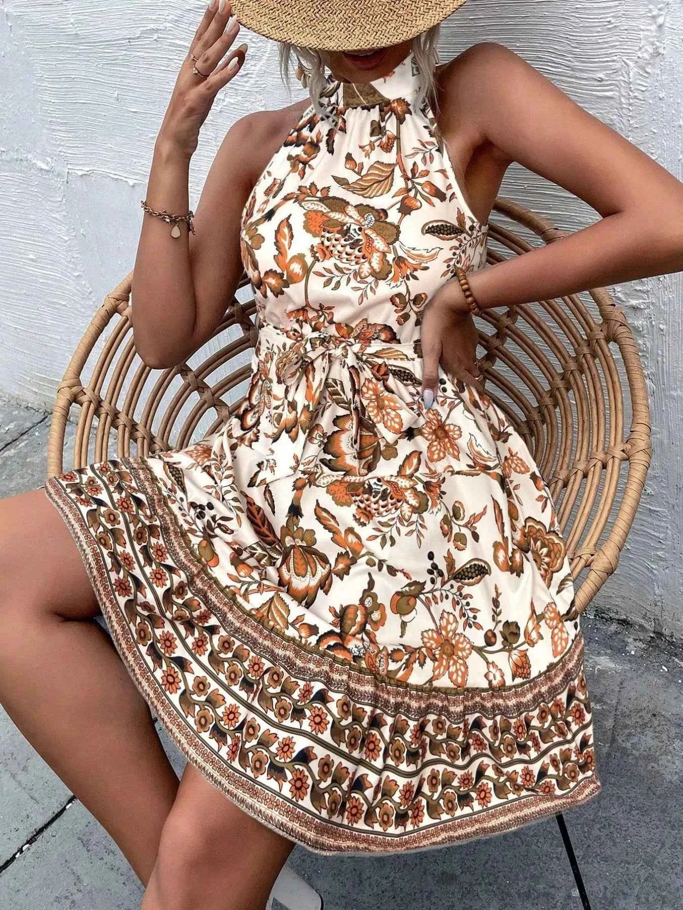 Women's Floral Halter Neck Midi Dress Belt Tie Boho Beach Resort Multi Colors S-XXL