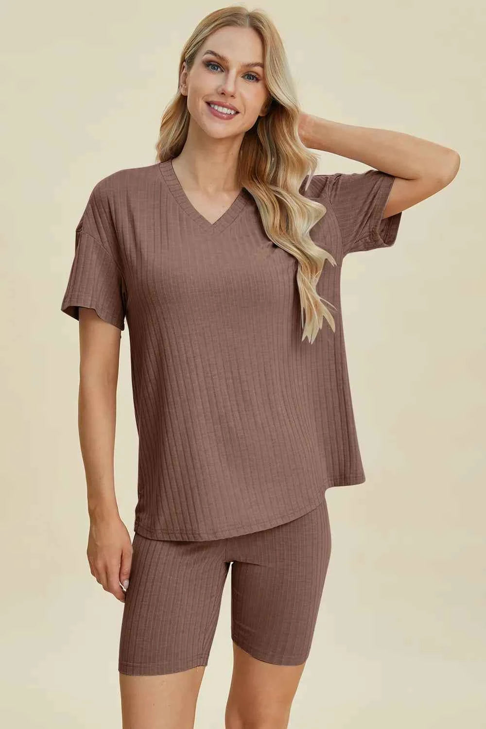 Women's Basic Bae Ribbed V-Neck Top and Shorts Set Two-Piece Multi Colors S-3XL