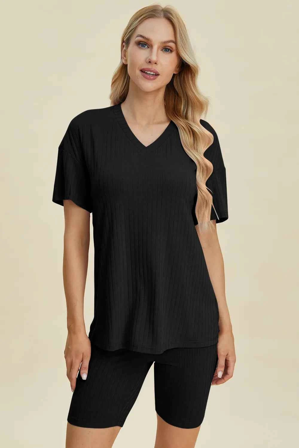 Women's Basic Bae Ribbed V-Neck Top and Shorts Set Two-Piece Multi Colors S-3XL