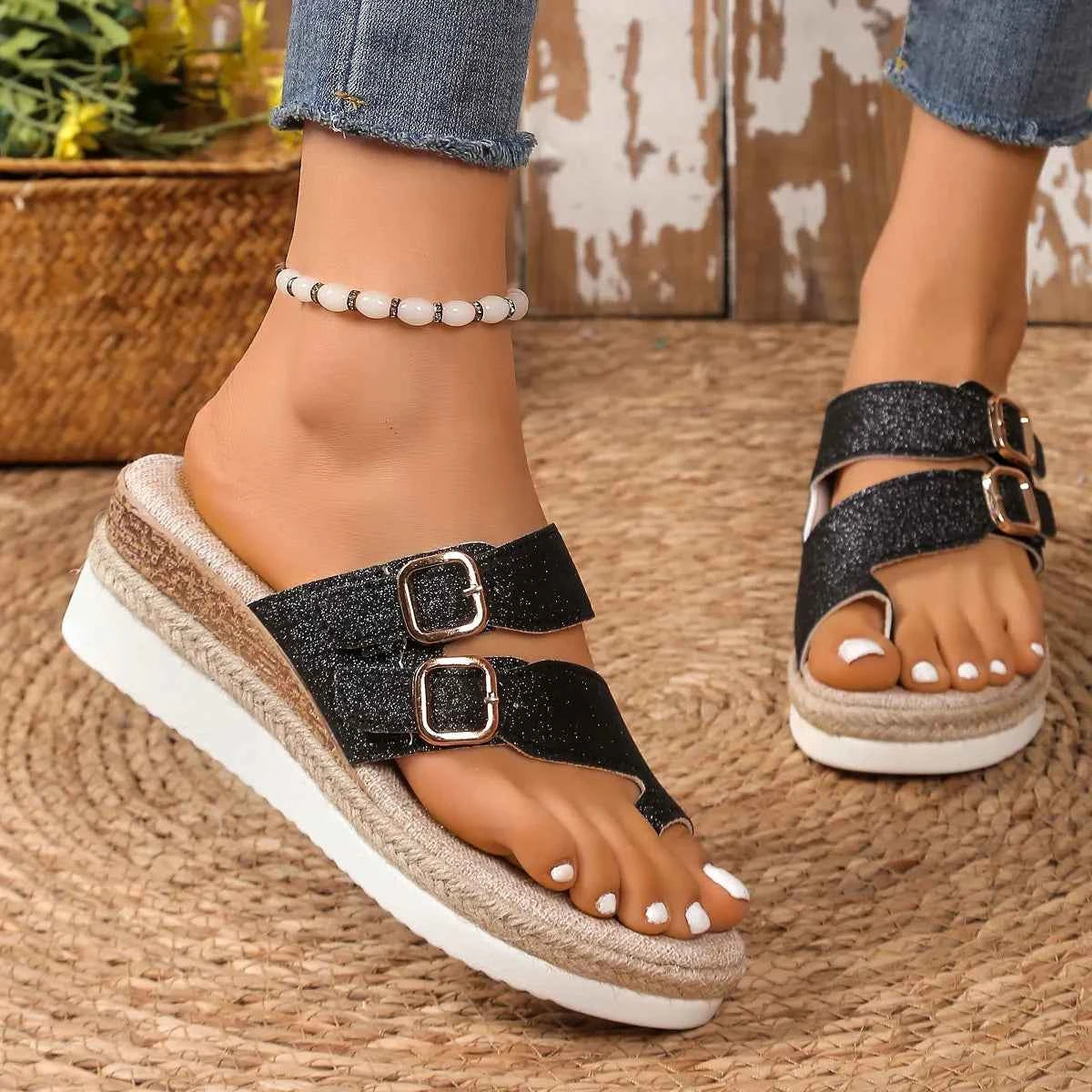 Women's Double Buckle Mid Wedge Sandals Boho Open Toe Silver Black Gold US 5-11 Black