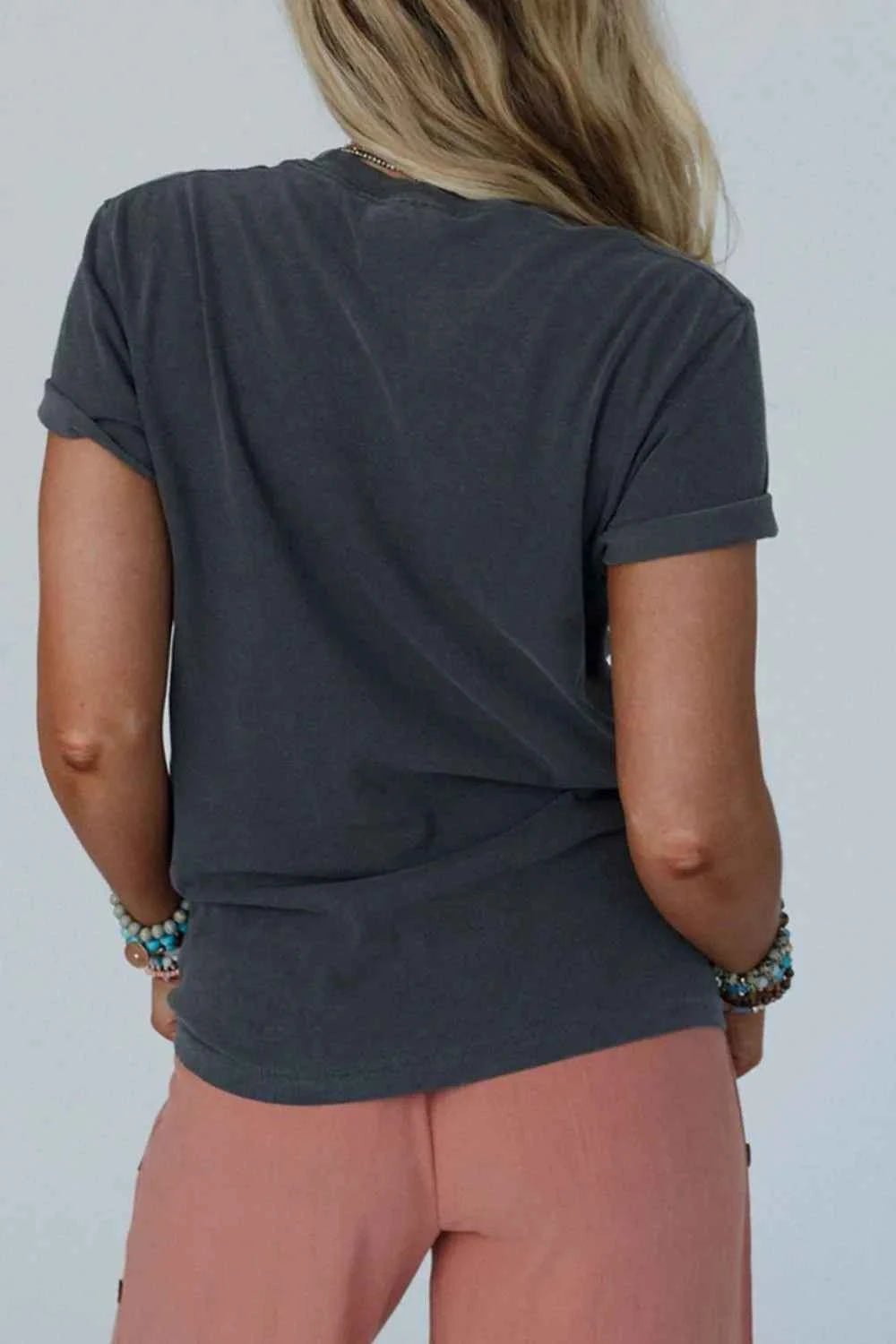 Women's RISE WITH THE SUN Graphic Round Neck Short Sleeve Tee Dark Gray S-XL