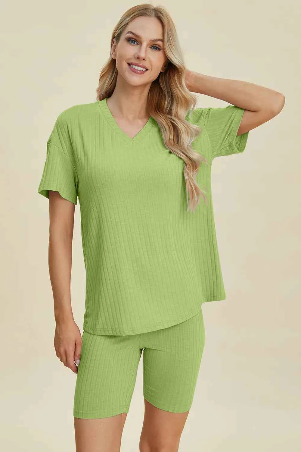 Women's Basic Bae Ribbed V-Neck Top and Shorts Set Two-Piece Multi Colors S-3XL