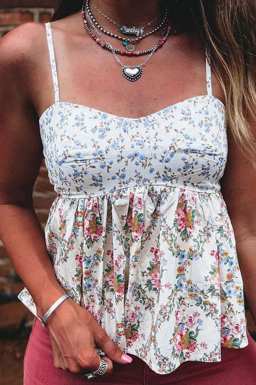 Contrast Floral Printed Patchwork Spaghetti Straps Babydoll Top Floral
