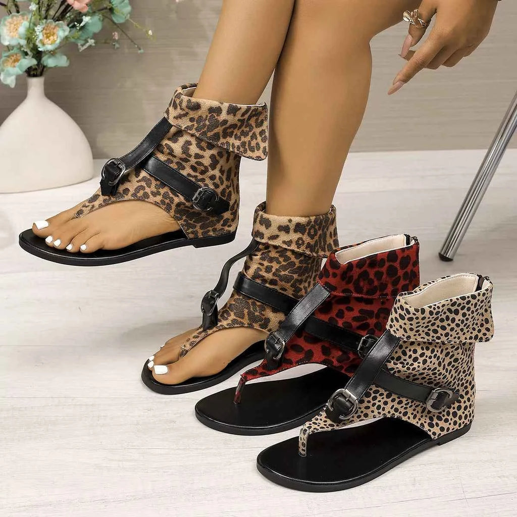 Women's Leopard Print Toe Post Low Heel Sandals Off-White US 5-11