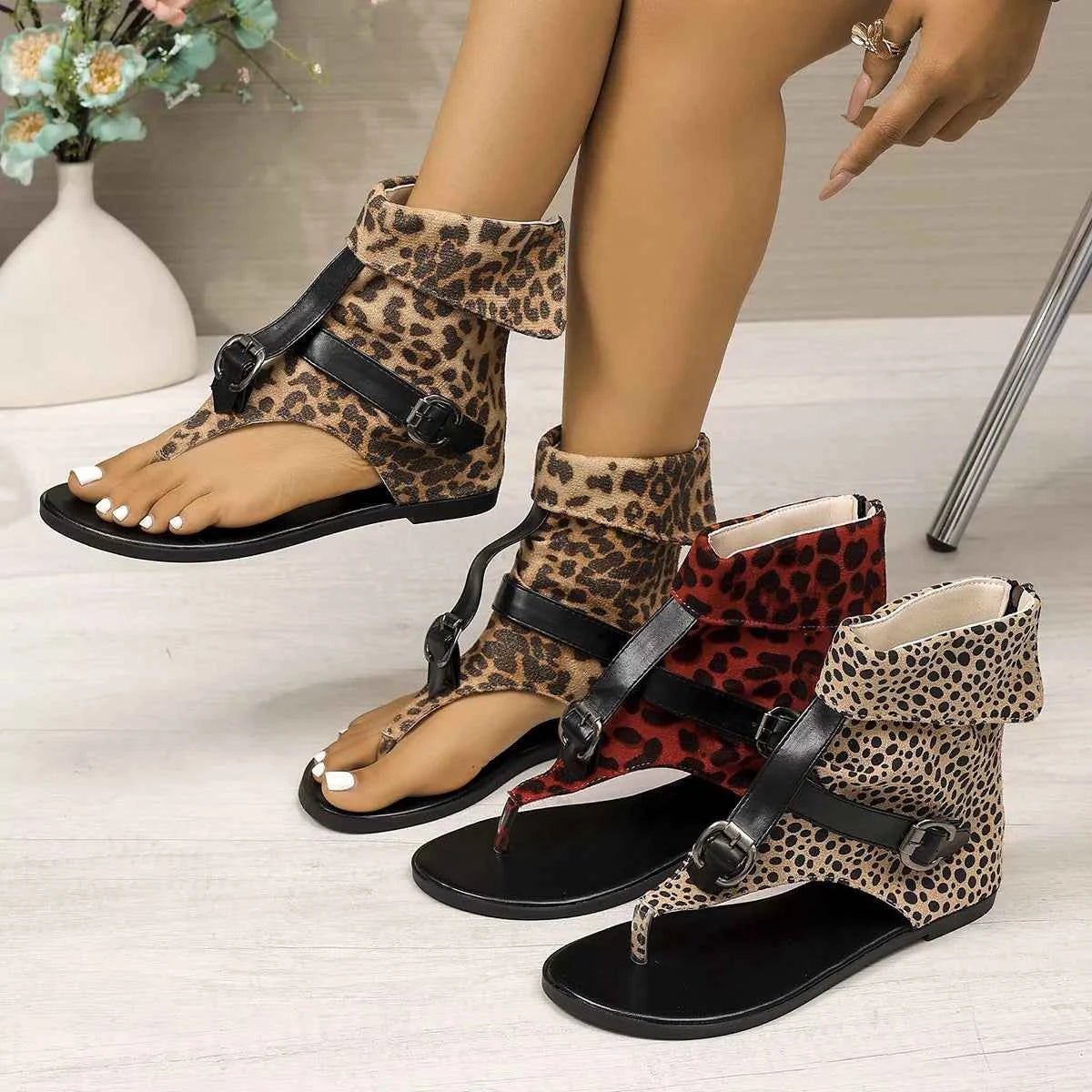 Women's Leopard Print Toe Post Low Heel Sandals Off-White US 5-11