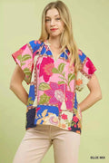 Umgee Women's Floral Patchwork Tassel Tie Top Lace Trim Blue Mix S-L BLUE MIX