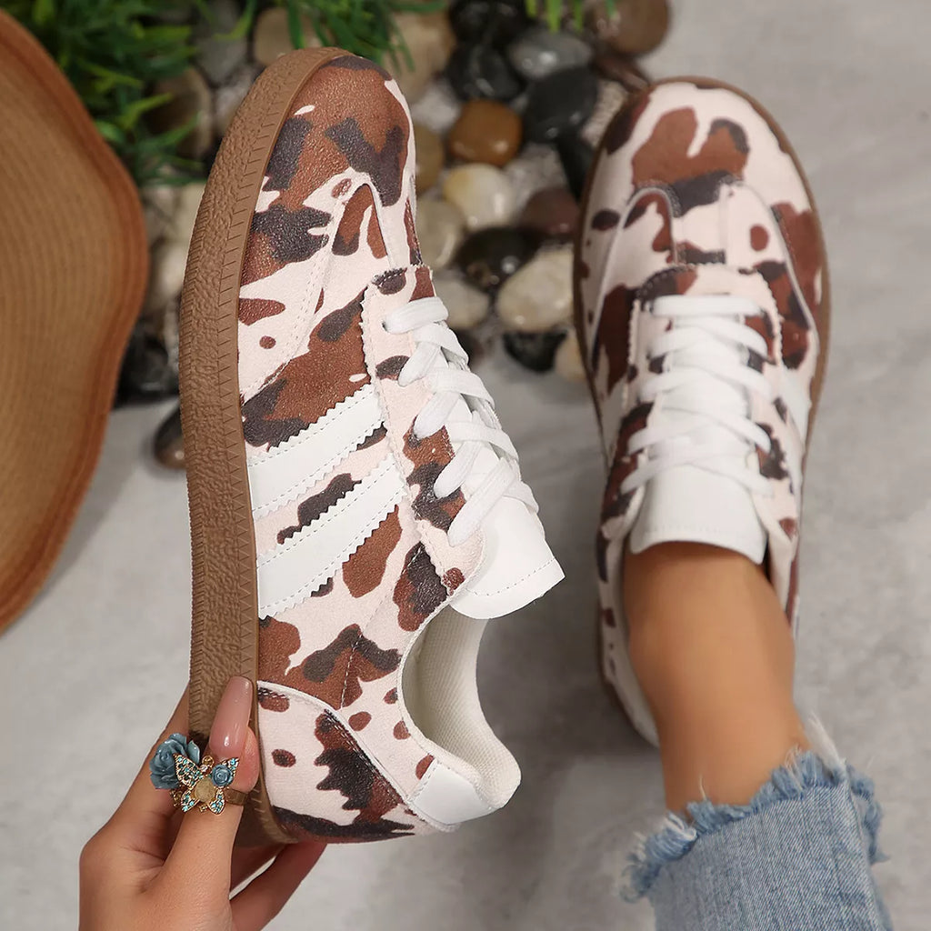 Women's Cow Print Casual Flat Sneakers PU Leather Black Brown US 5-11