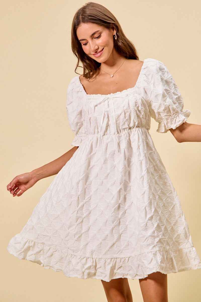 Women's SO ME Woven Ruched Bust Mini Dress Smocked Ruffle Off White S-XL