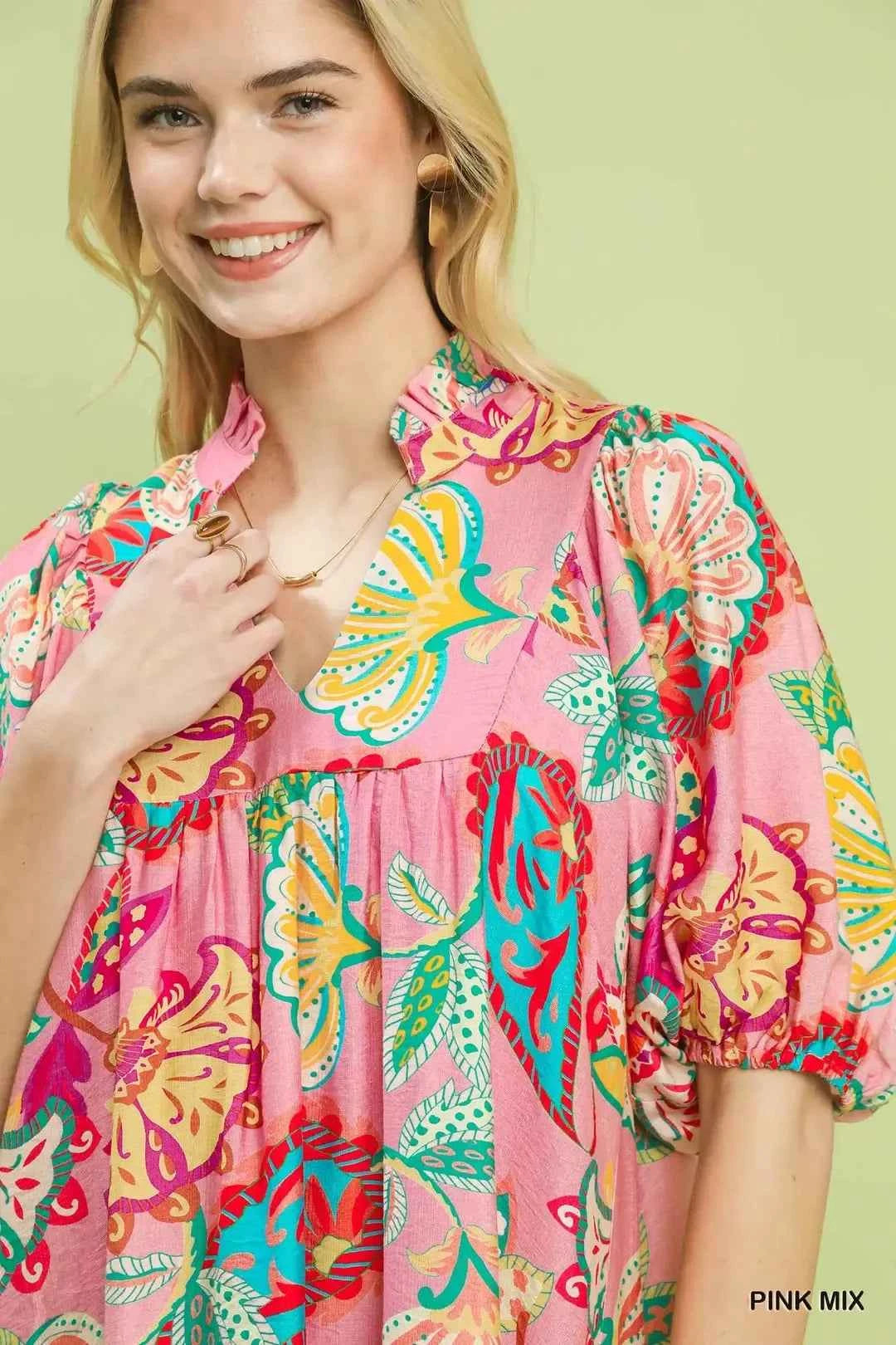 Women's Umgee Paisley Print V-Neck Mini Dress Pockets Pink Mix S-L