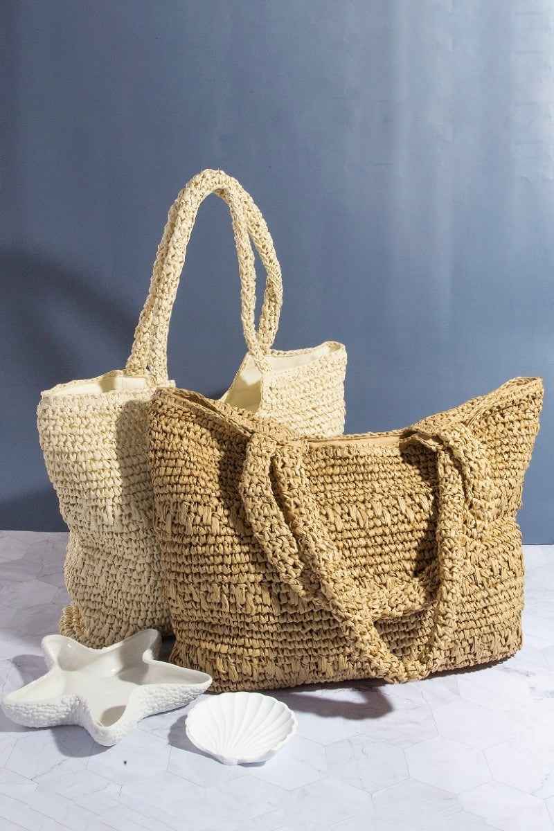 Women's Fame Accessories Straw Braided Square Tote Bag Boho Ivory Beige One Size