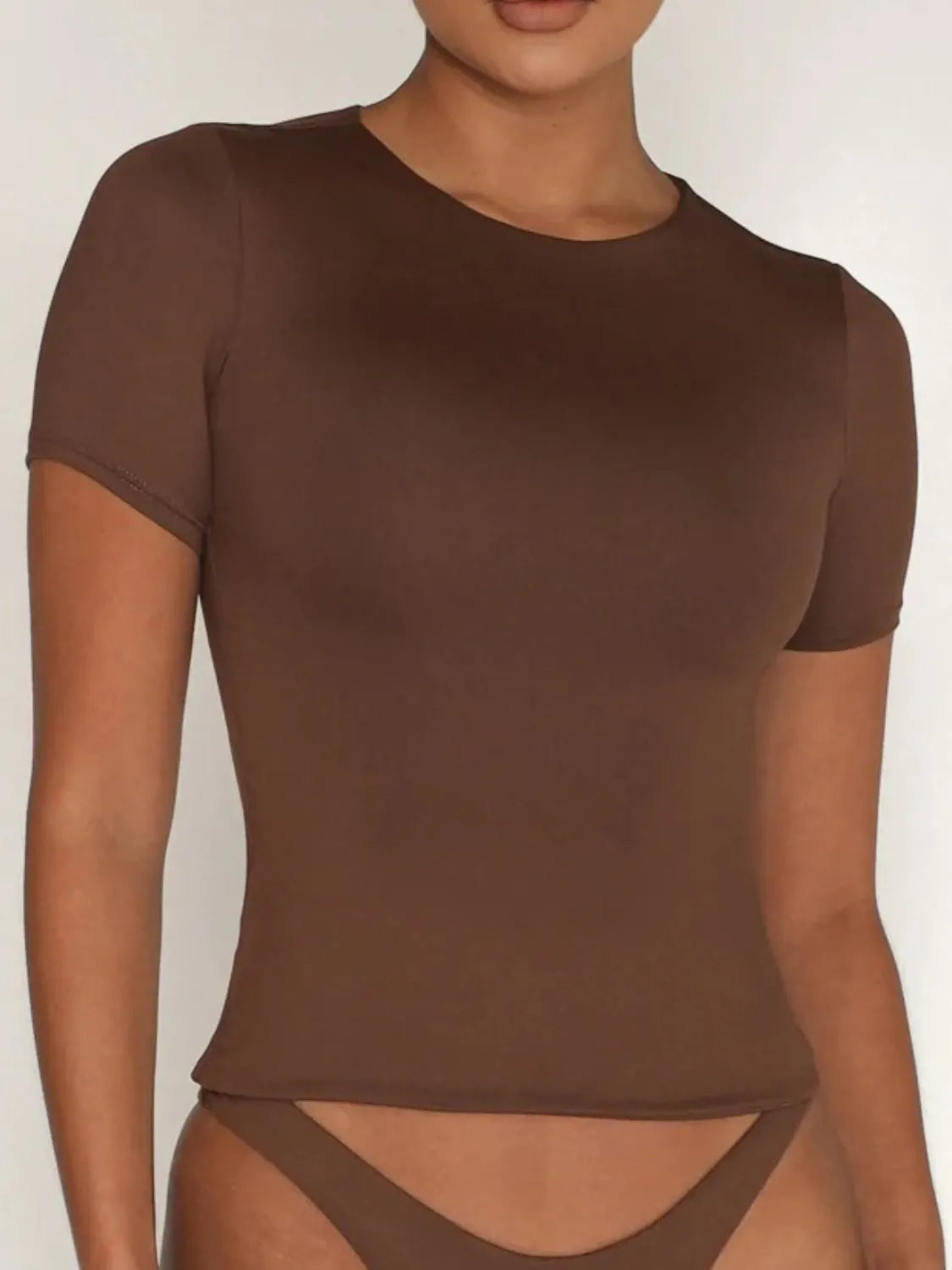 Women's Round Neck Short Sleeve Swim Top – 9 Colors Brown