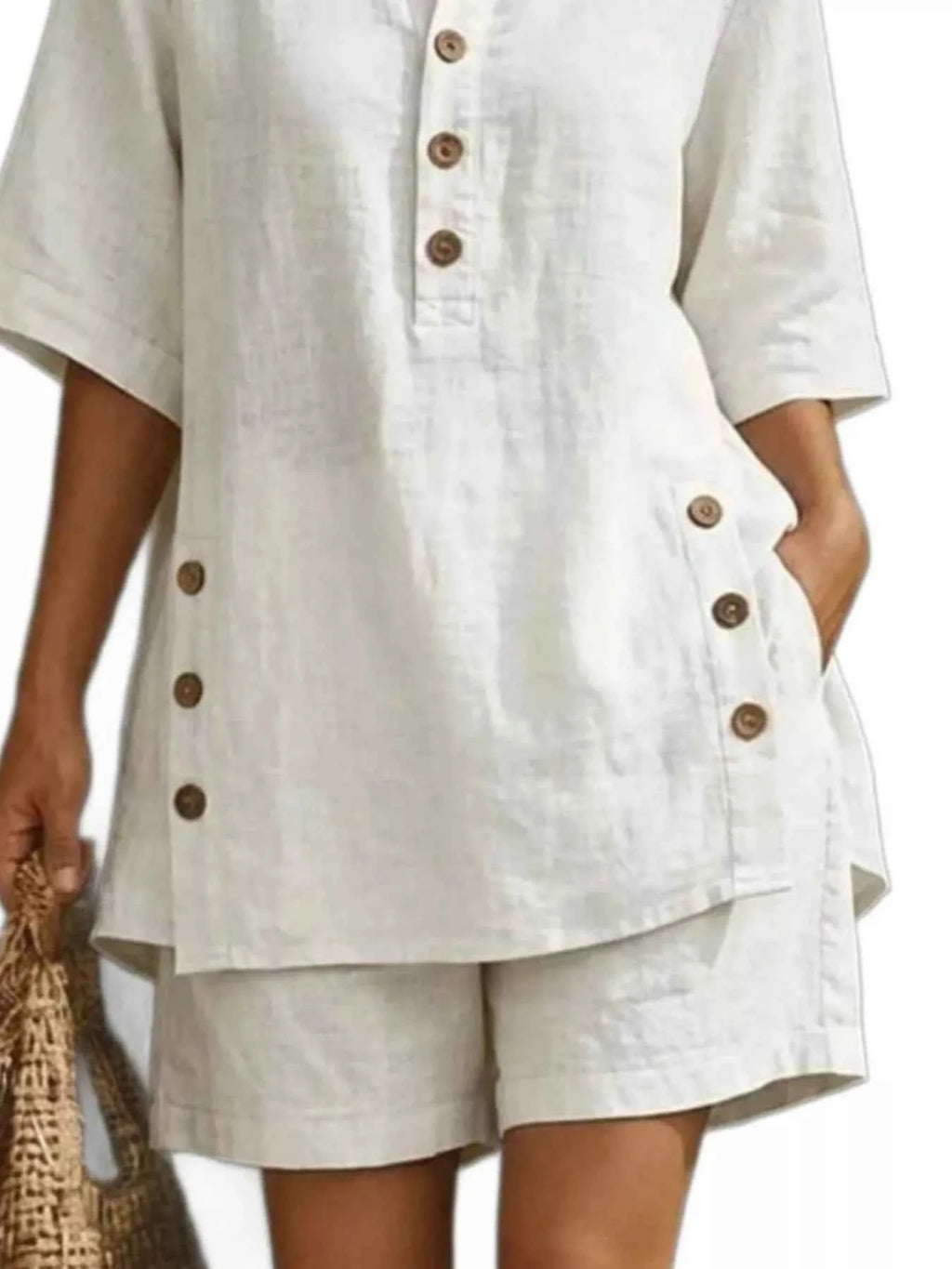 Full Size Casual Linen Button-Down Shirt & Shorts Set Plus Size