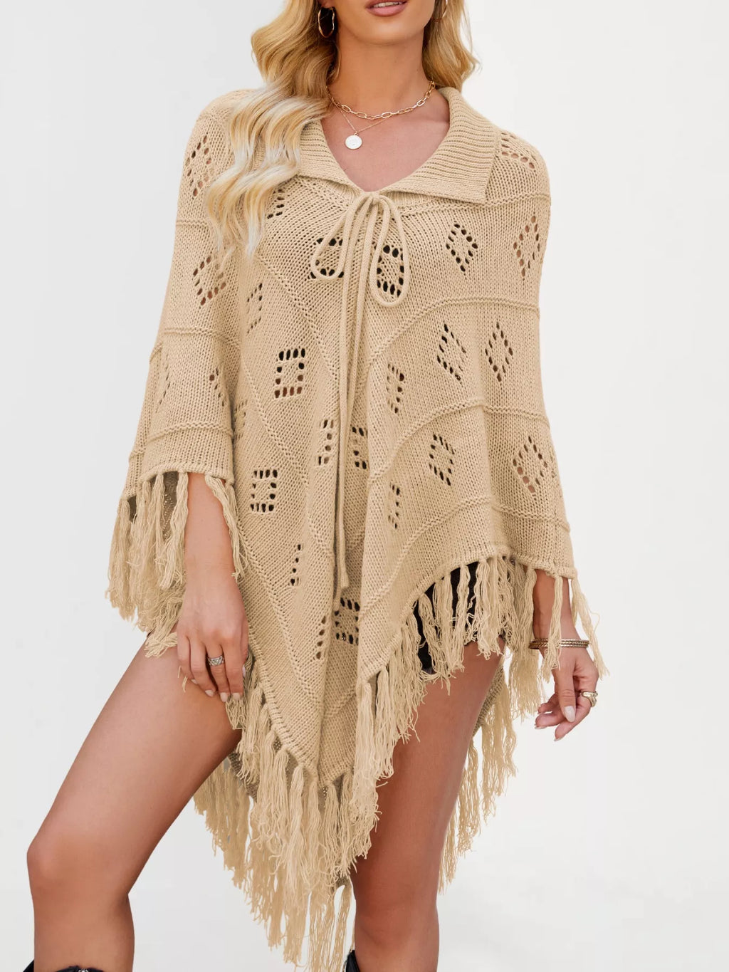 Women's Fringe Tassel Tie Openwork Knit Boho Beach Cover Up Multi Colors S-XL