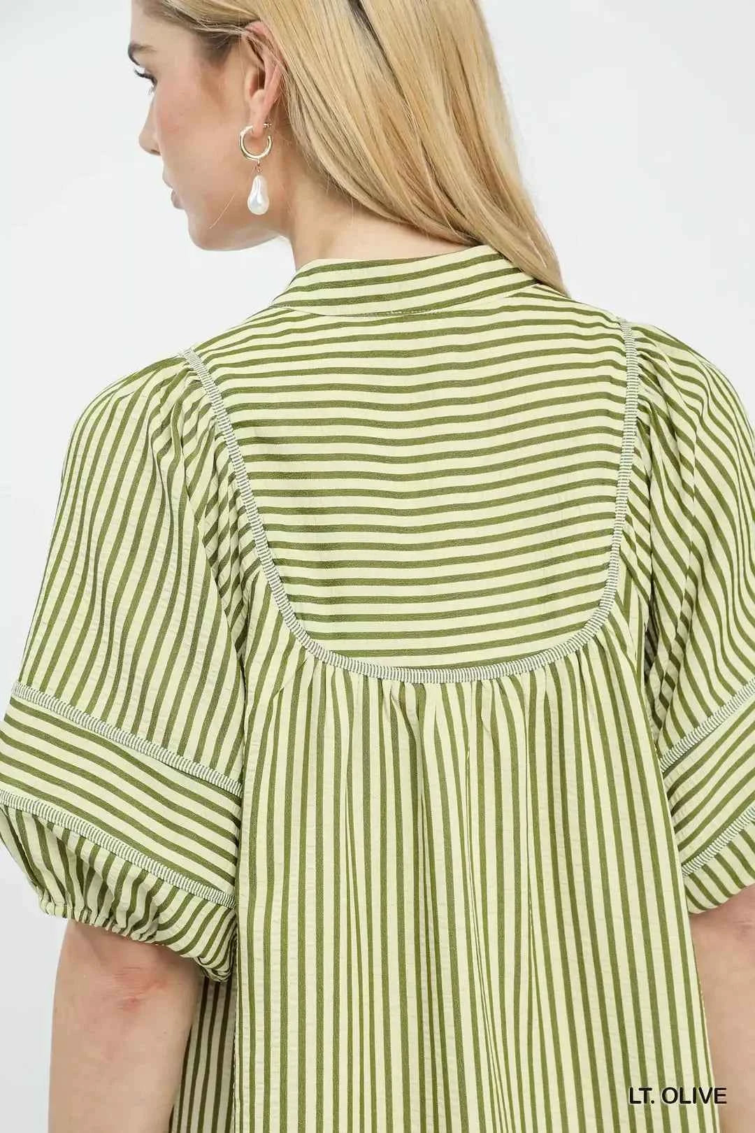 Women's Umgee Striped Puff Sleeve Shift Dress Lined Pockets Lt Olive S-L