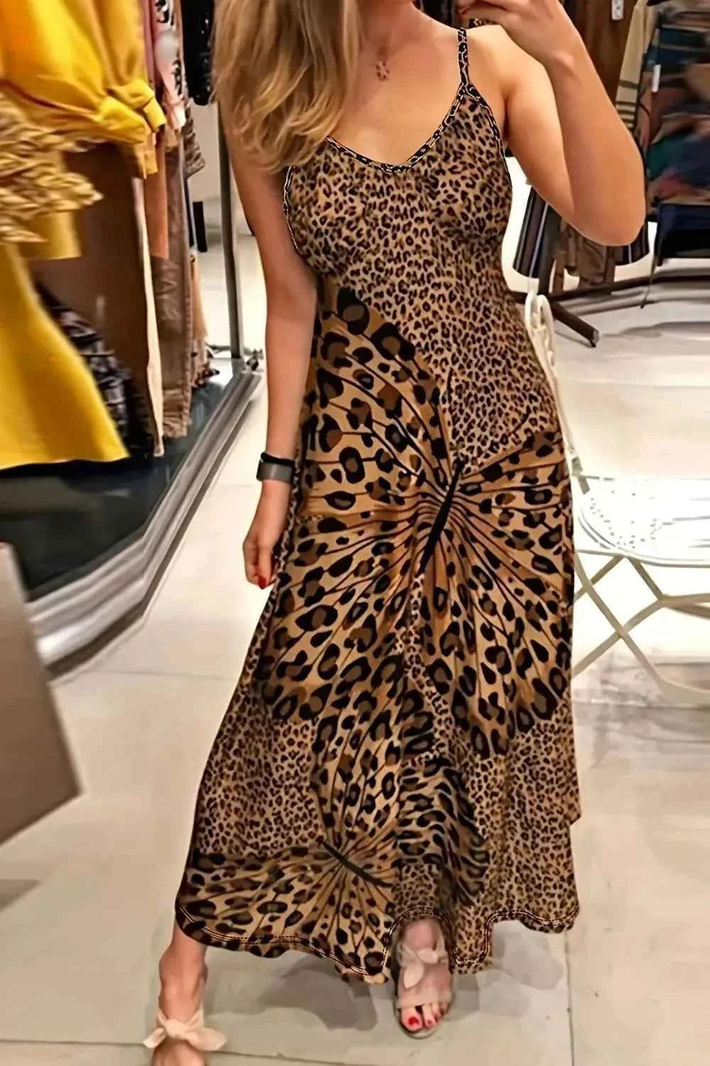 Women's Butterfly Leopard Print Maxi Cami Dress Boho Beach Resort Leopard S-2XL