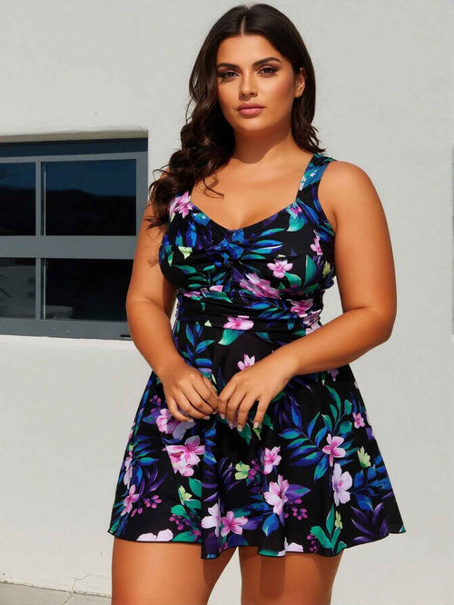 Plus Size Tropical Floral Print Twist Front Swim Dress Swimsuits Multicolor