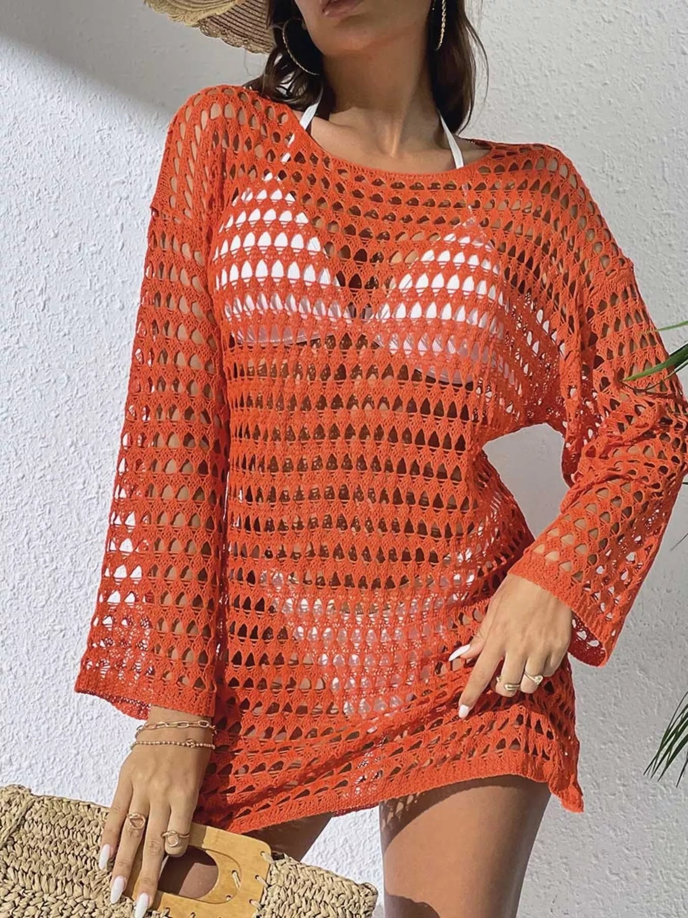 Women's Crochet Openwork Knit Long Sleeve Beach Cover-Up Top Multi Colors S-L Pumpkin