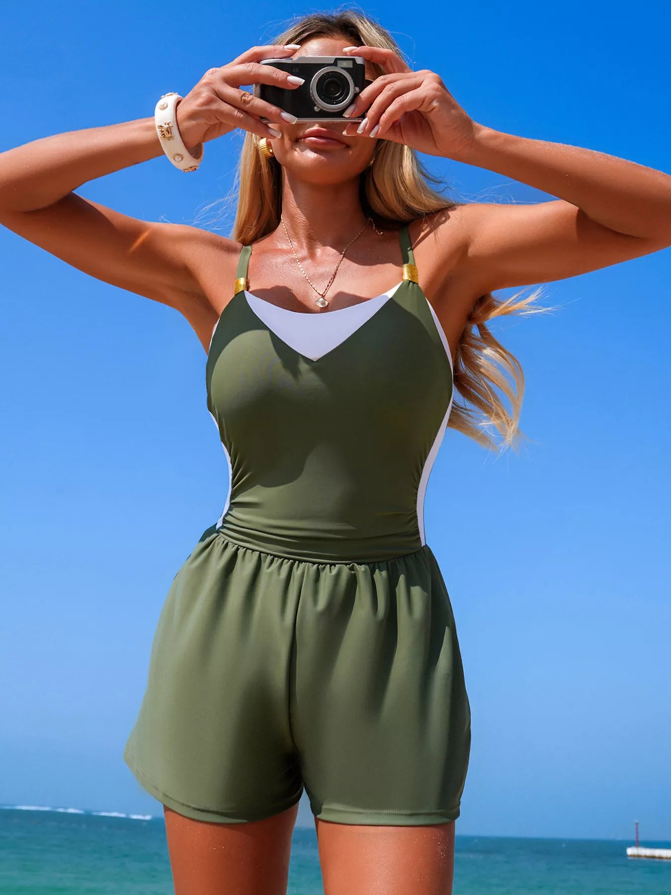 Women's Color Block One-Piece Swimsuit – Adjustable Strap, Pockets, 6 Colors Army Green + White One-Pieces-Swimwear