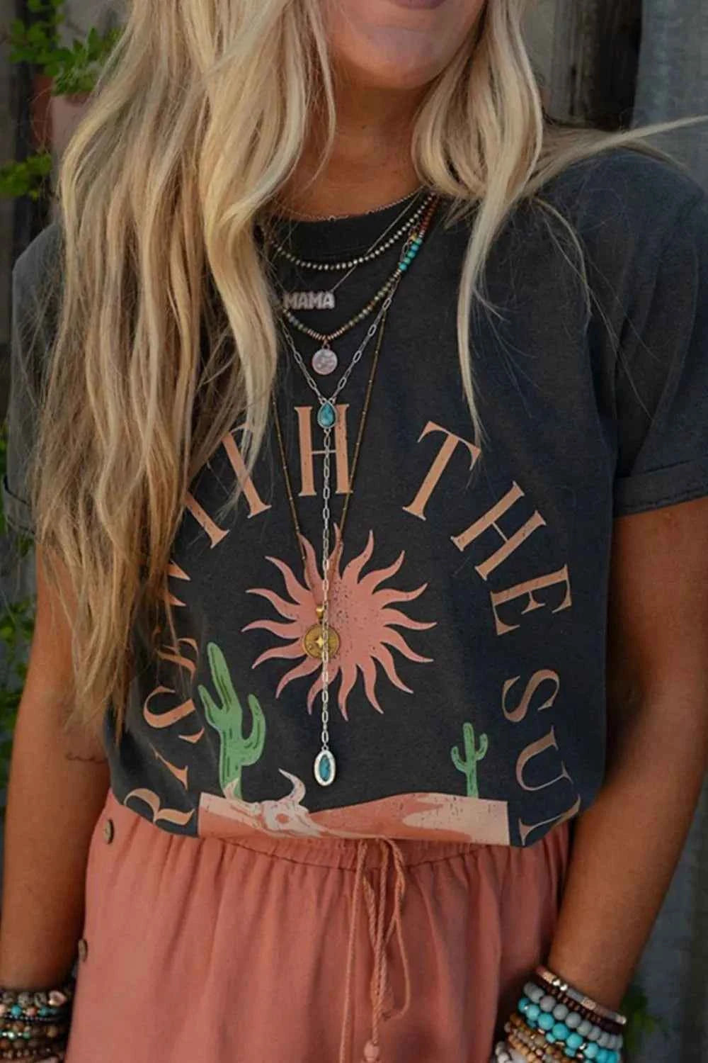 Women's RISE WITH THE SUN Graphic Round Neck Short Sleeve Tee Dark Gray S-XL