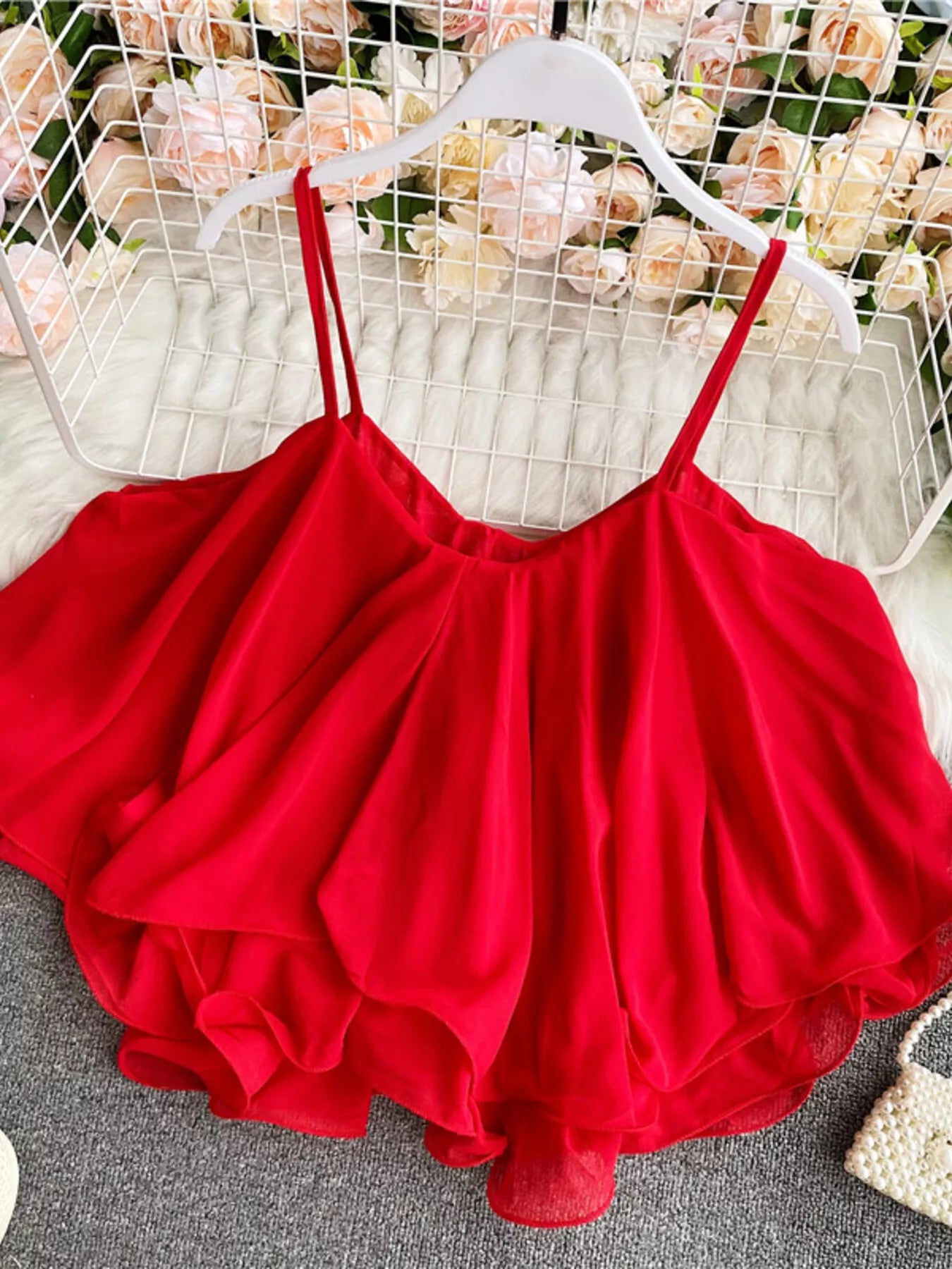 Ruffled Flowy Cami Red One Size