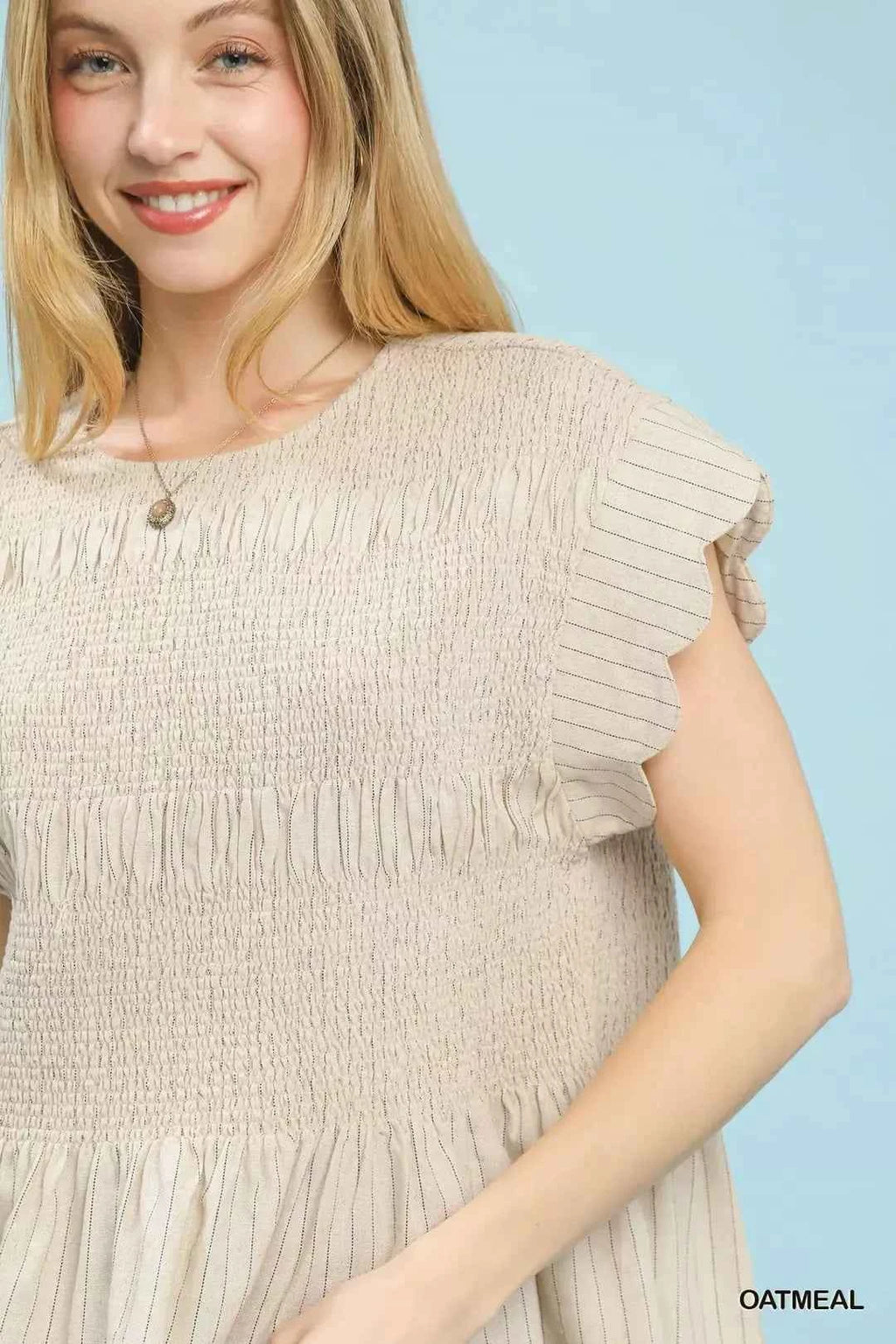 Women's Umgee Pinstripe Smocked Peplum Top Ruffle Cap Sleeve Oatmeal S-L