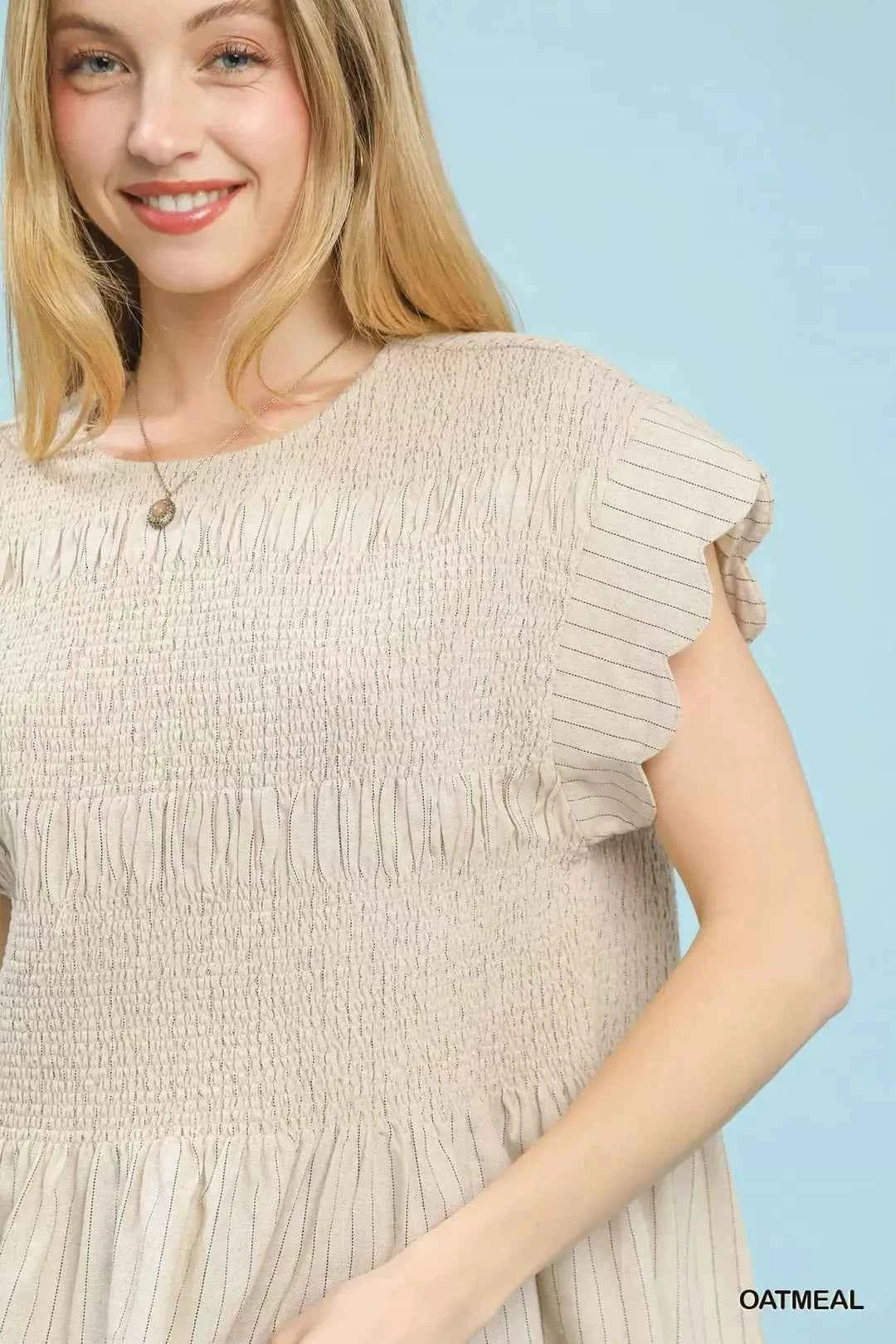 Women's Umgee Pinstripe Smocked Peplum Top Ruffle Cap Sleeve Oatmeal S-L
