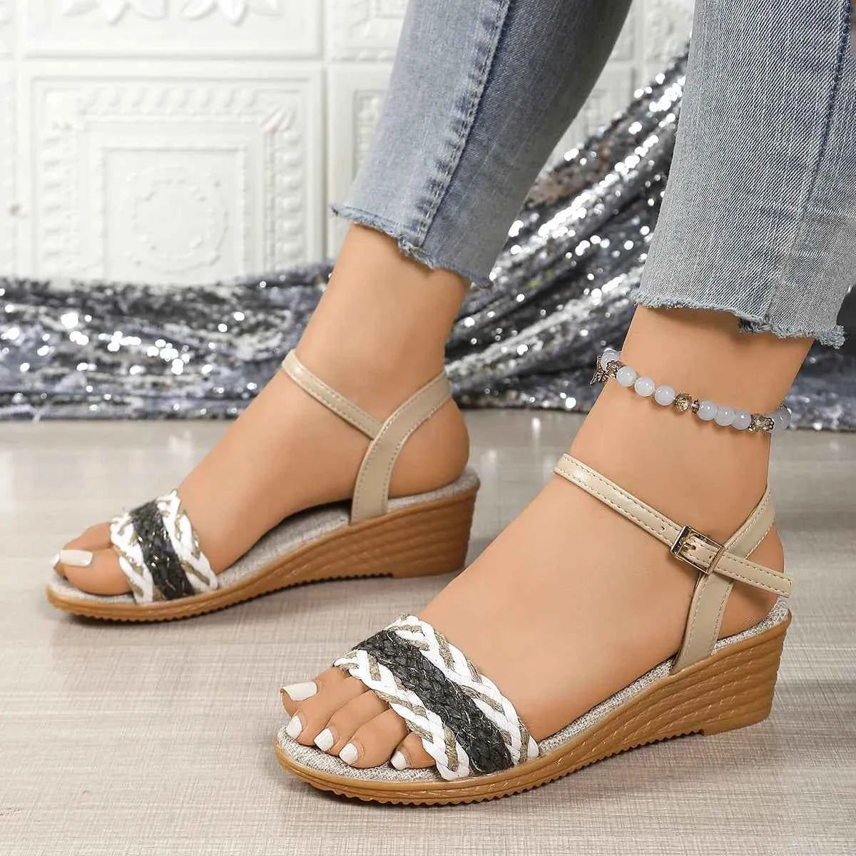 Women's Ankle Strap Low Wedge Sandals Open Toe Boho Multi US 5-11