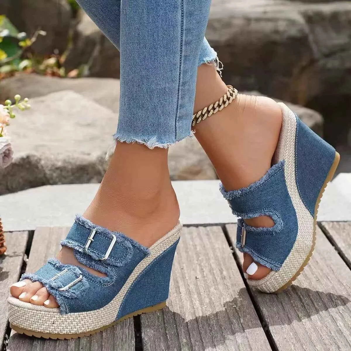 Women's Buckle Strap Open Toe Wedge High Heel Sandals Dark Blue Black EU 35-43