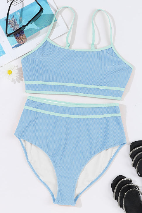 Women’s Beau Blue Ribbed Contrast Trim 2-Piece Bikini Set (Spaghetti Strap) Swimwear/High Waisted Swimsuit