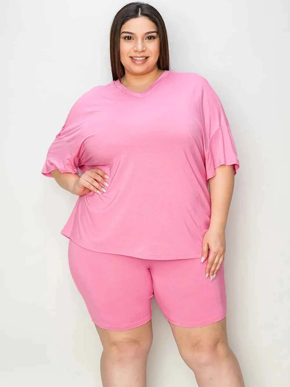 Women's Basic Bae V-Neck Drop Shoulder T-Shirt and Shorts Set Multi Colors S-3XL