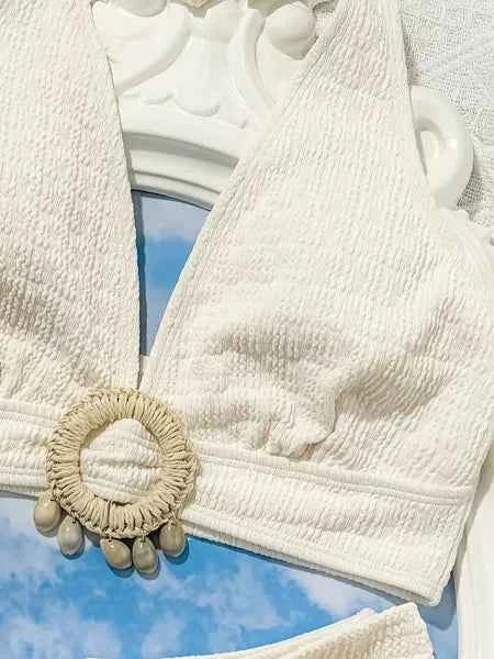 Women's White Shell Embellished Split Bikini Swimsuit Quick-Dry Beach S-XL